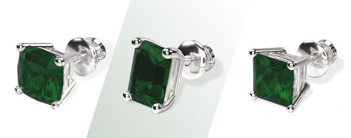 emerald stud earrings with center stones of cushion emerald and radiant shapes
