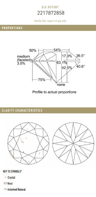 GIA grading report with a diamond plot showing the inclusions mapping