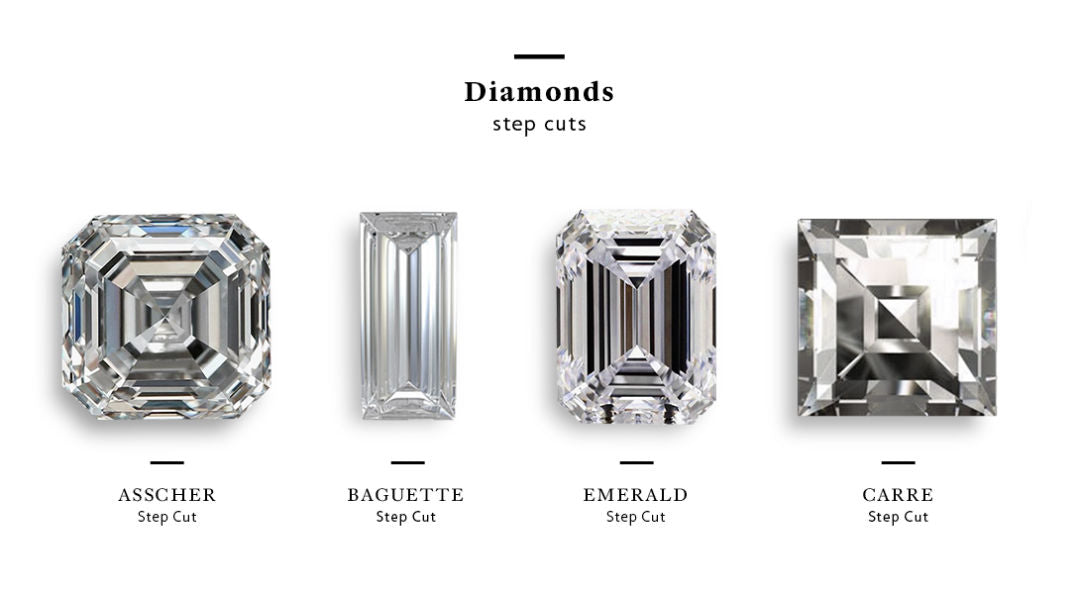 Step cut diamonds: Asscher, Baguette, Emerald, Carre