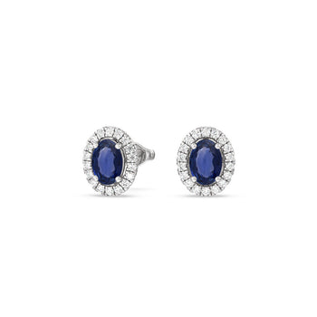 Oval Sapphire and Lab Diamond Classic Solitaire Halo Earrings