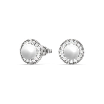 Pearl and Lab Diamond Halo Stud Earrings With Milgrain