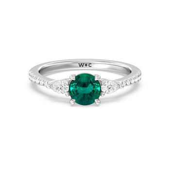 Round Shape Emerald Classic Solitaire Three Stone Ring With Pear-Shaped Lab Diamonds Accent On Each Side With Studded Shank