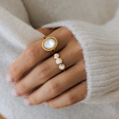 Elisabeth Mother of Pearl Ring, Rainbow Moonstone Ring Elisa