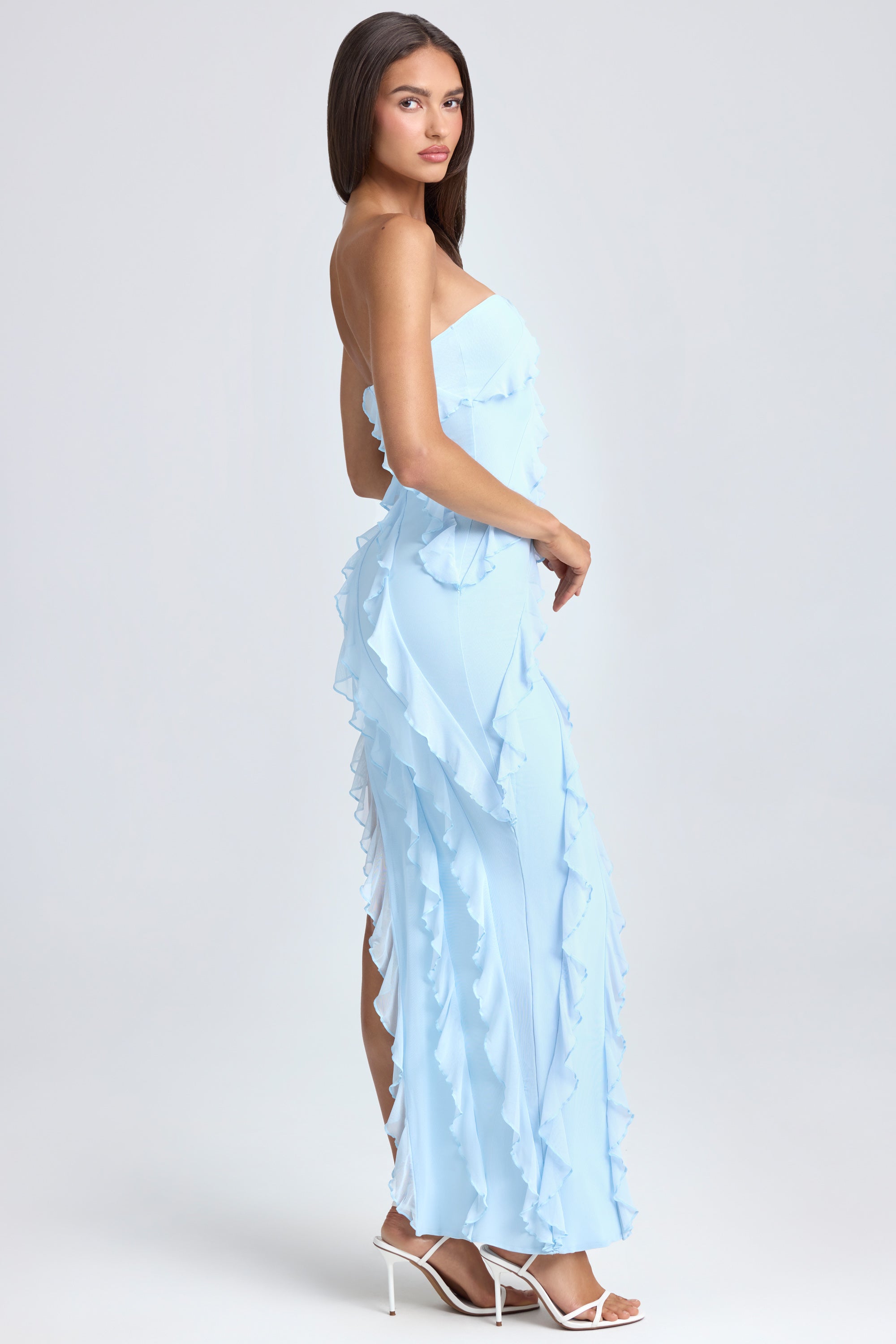 Bandeau Ruffle-Trim Maxi Dress in Powder Blue