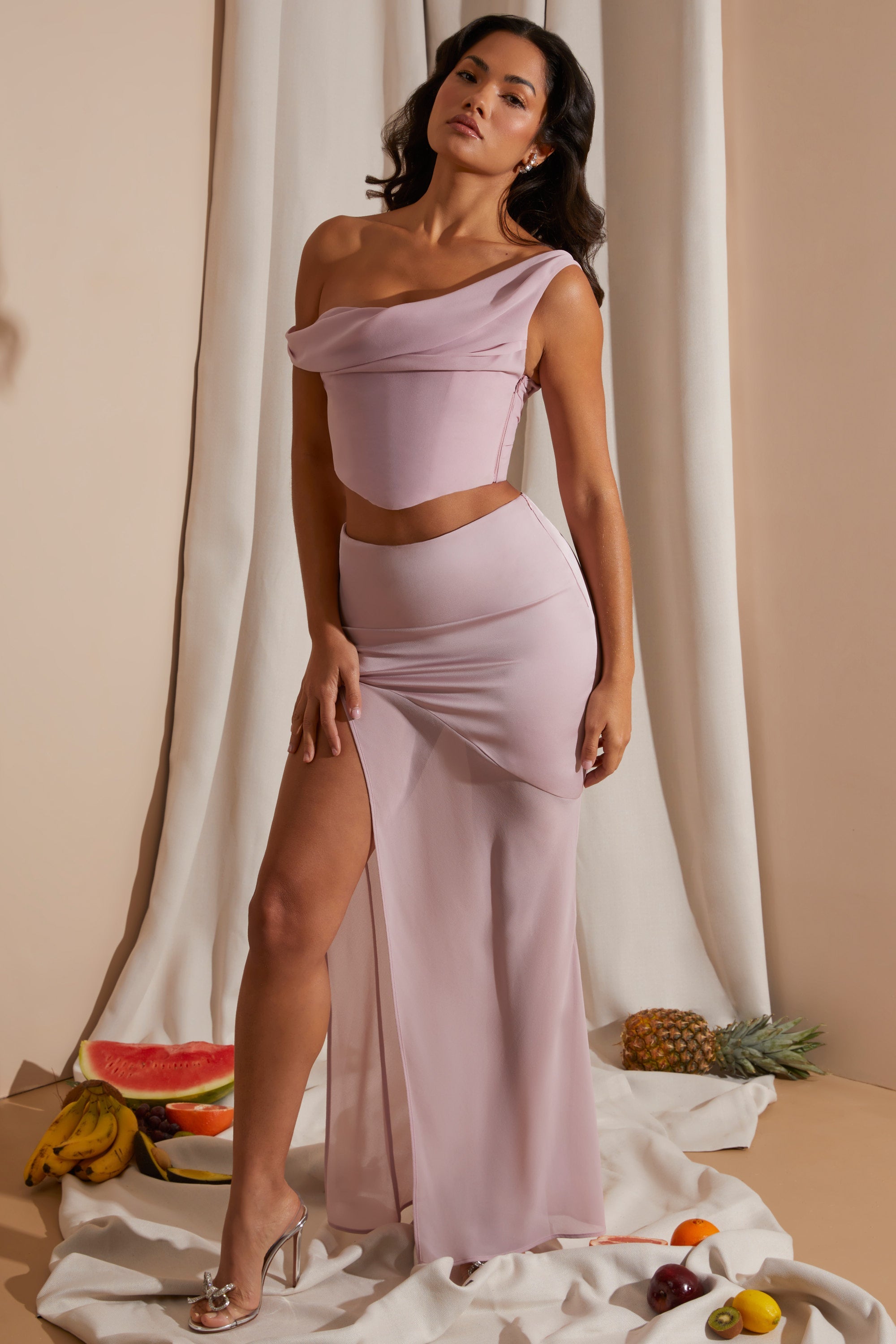 Mid Rise High Slit Maxi Skirt in Blush