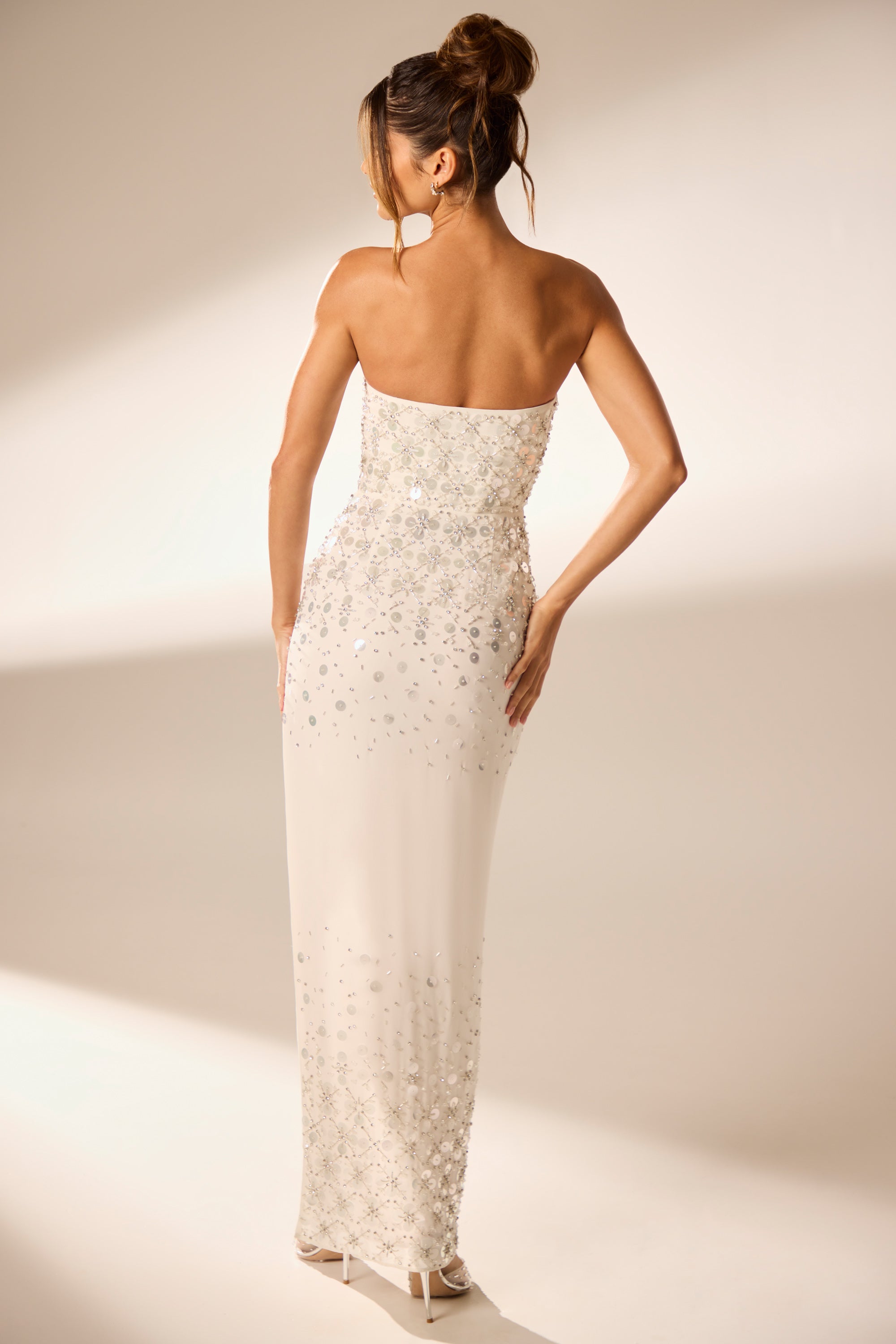 Hand Embellished Bandeau Maxi Dress in Ivory