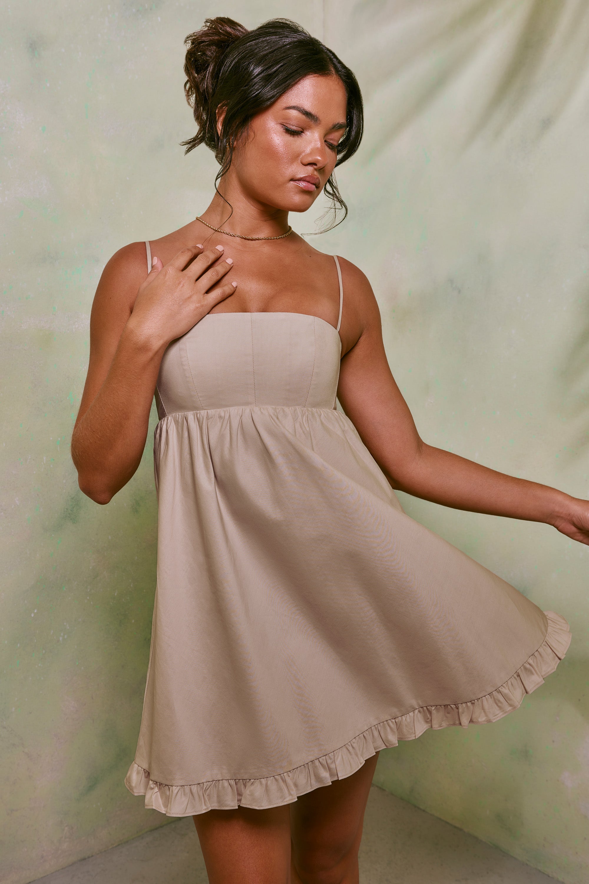 Empire Waist Cotton A-Line Mini Dress in Sand