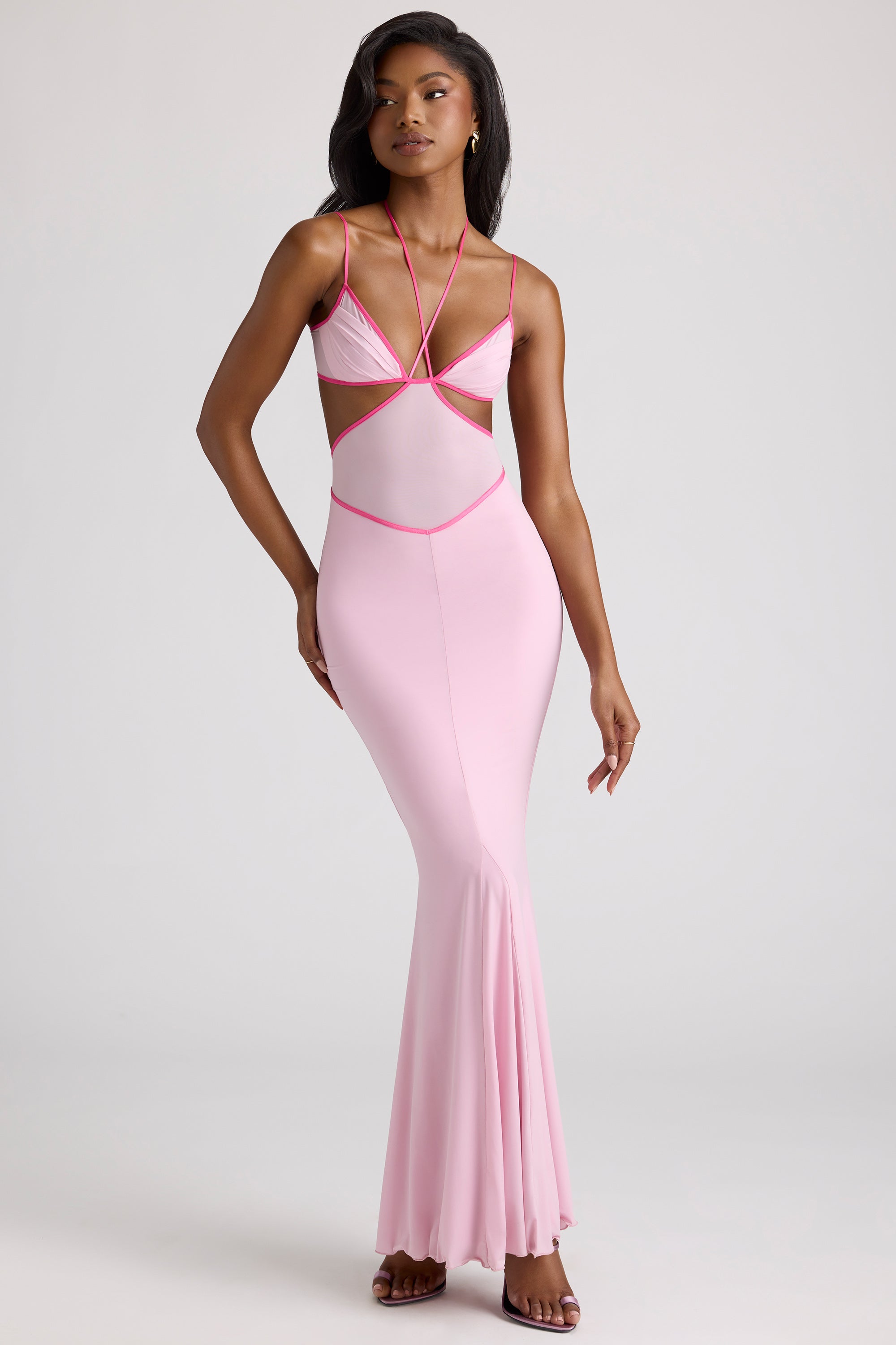 Contrast Binding Cut Out Evening Gown in Soft Pink