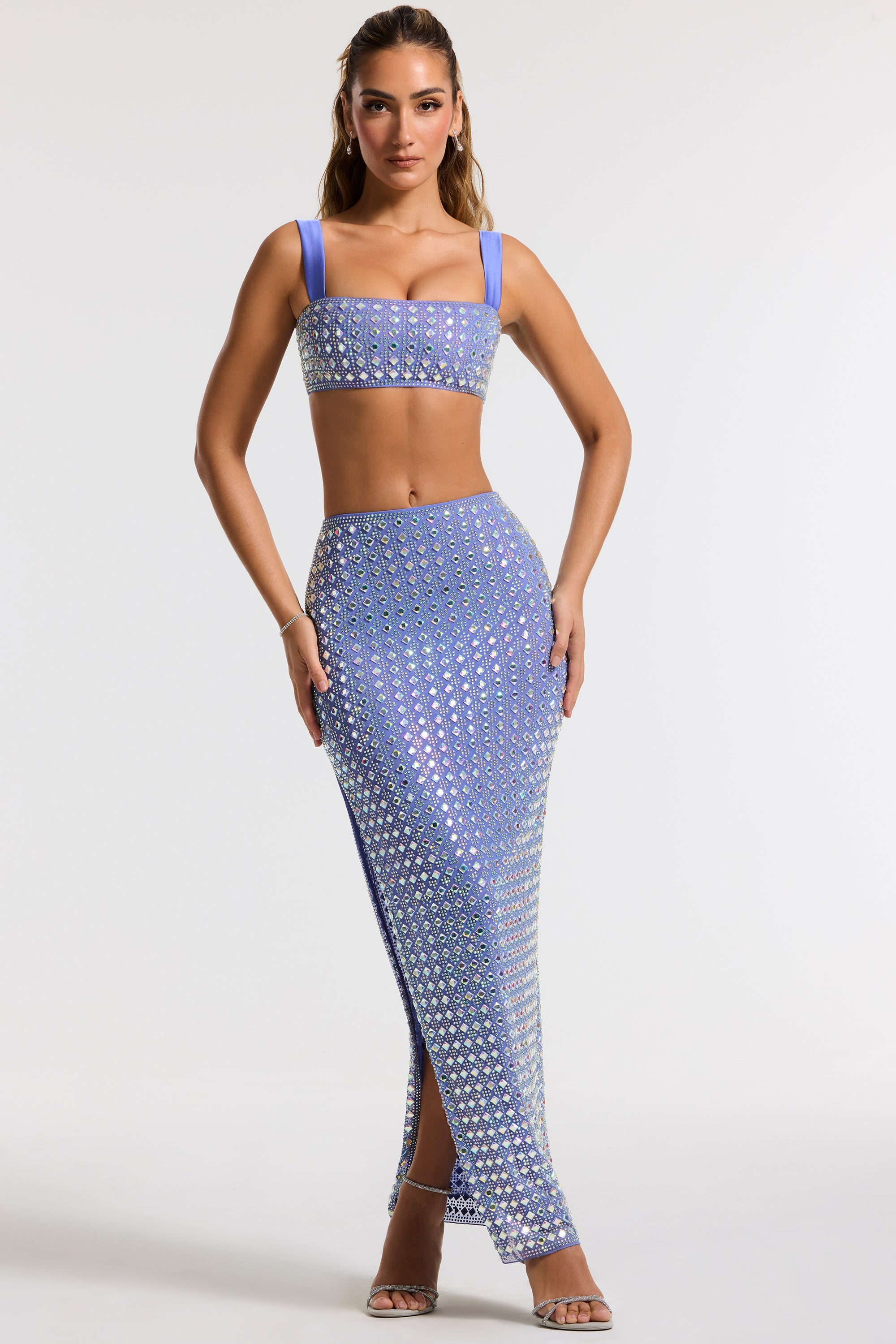 Embellished Square Neck Crop Top in Blue