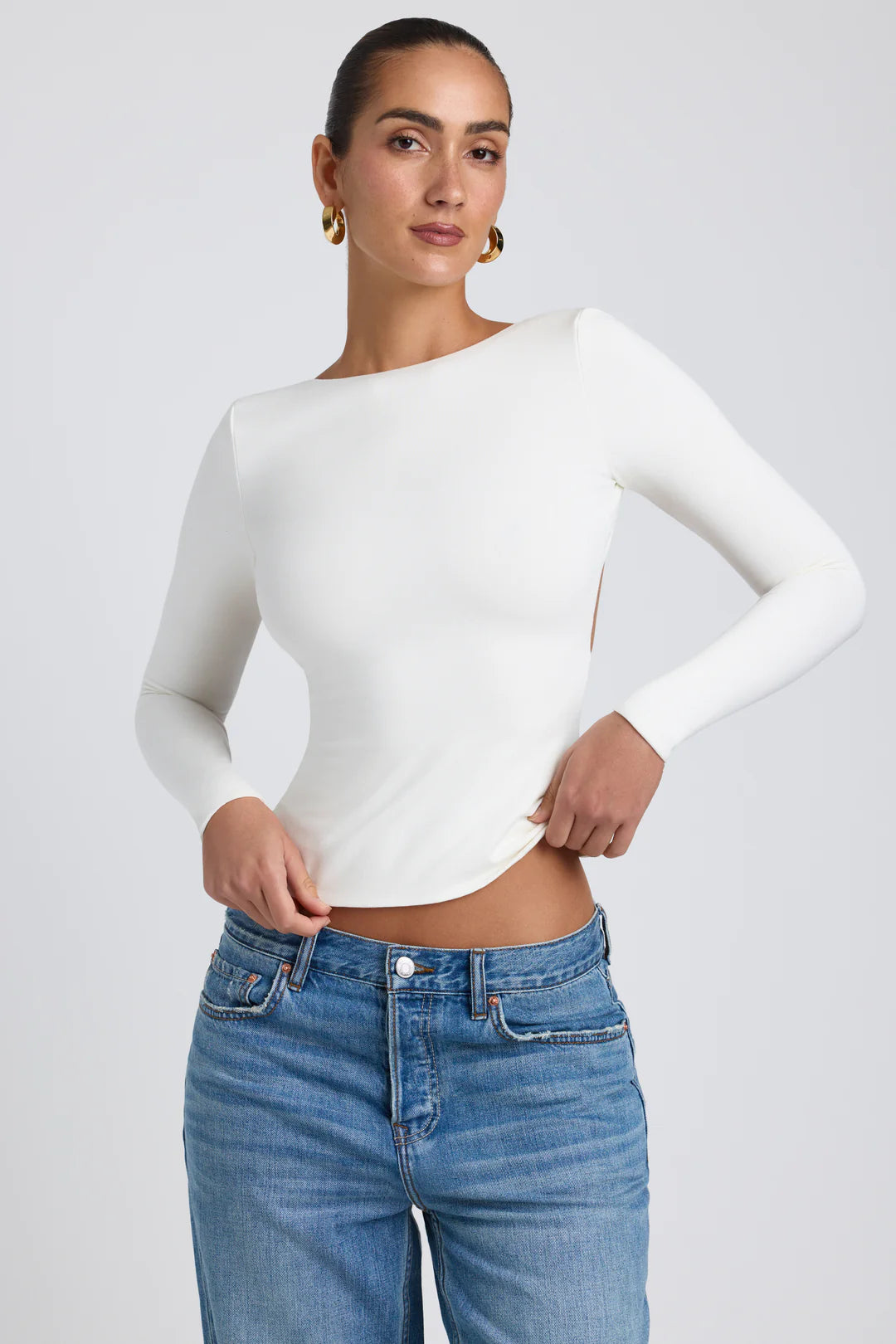 Modal High Neck Long Sleeve Open Back Top in White