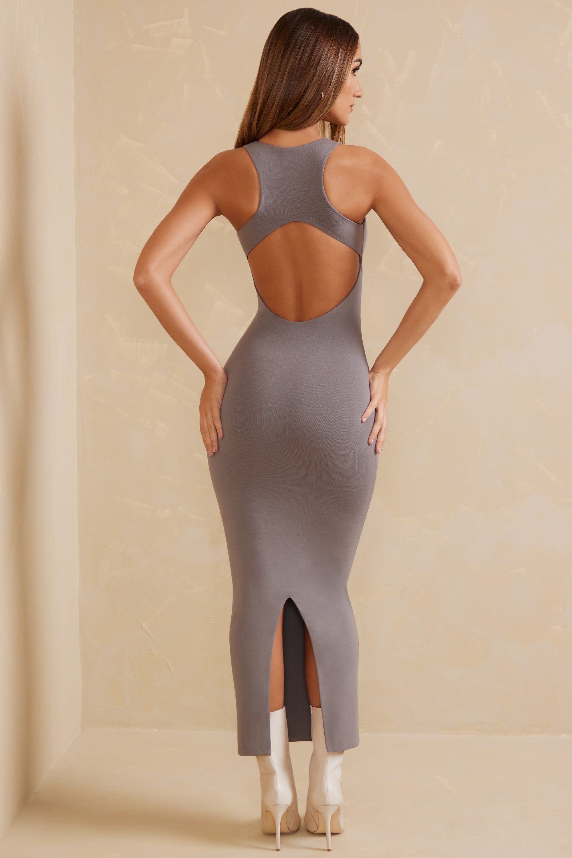 Open Back Racer Neck Maxi Dress in Grey