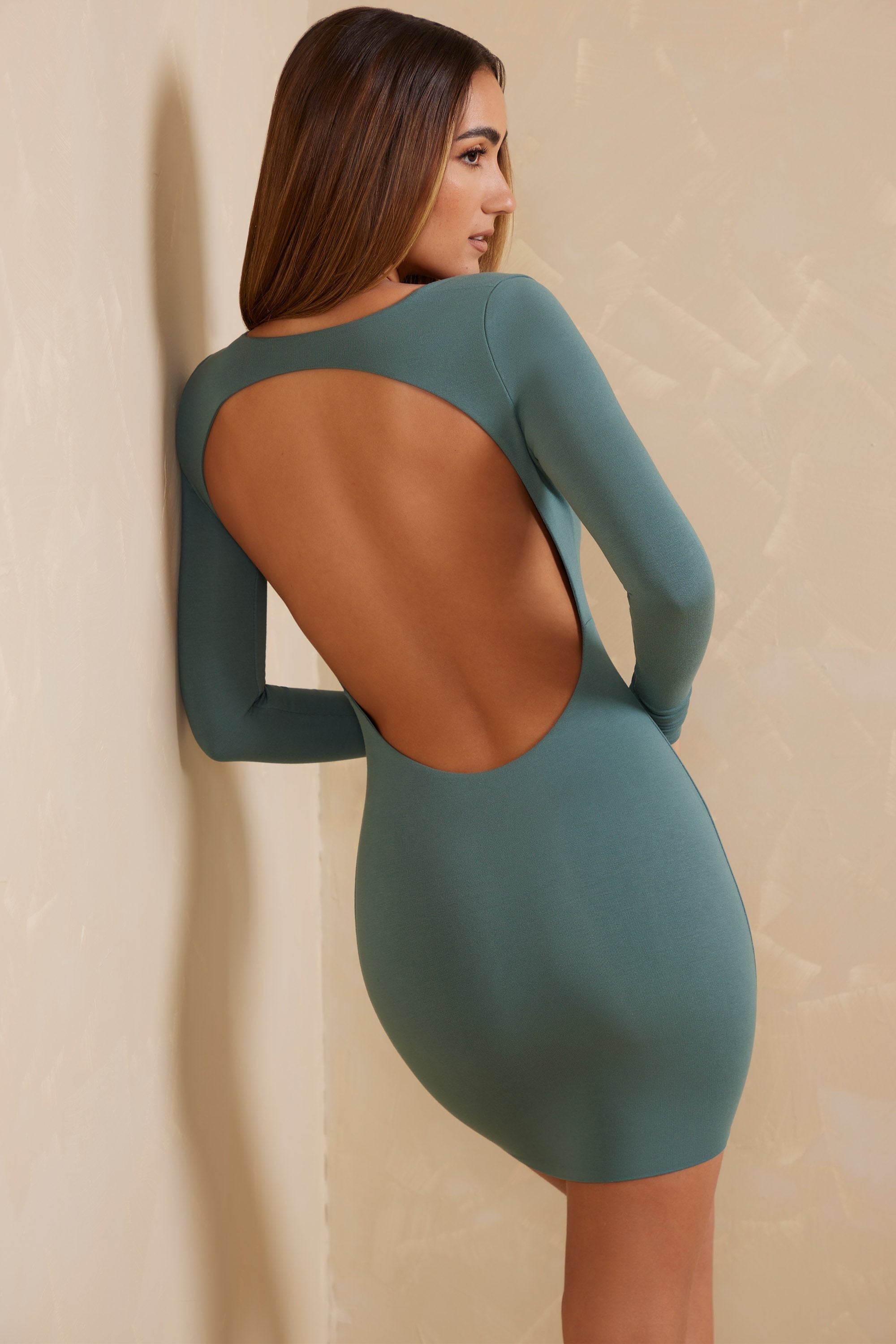 Long Sleeve Open Back Mini Dress in Teal