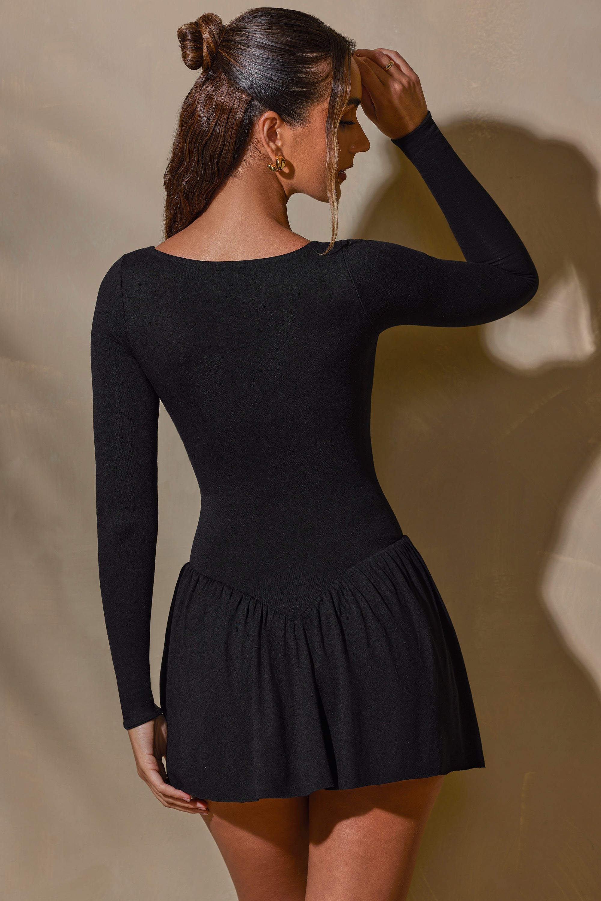 Long Sleeve Layered A-Line Mini Dress in Black