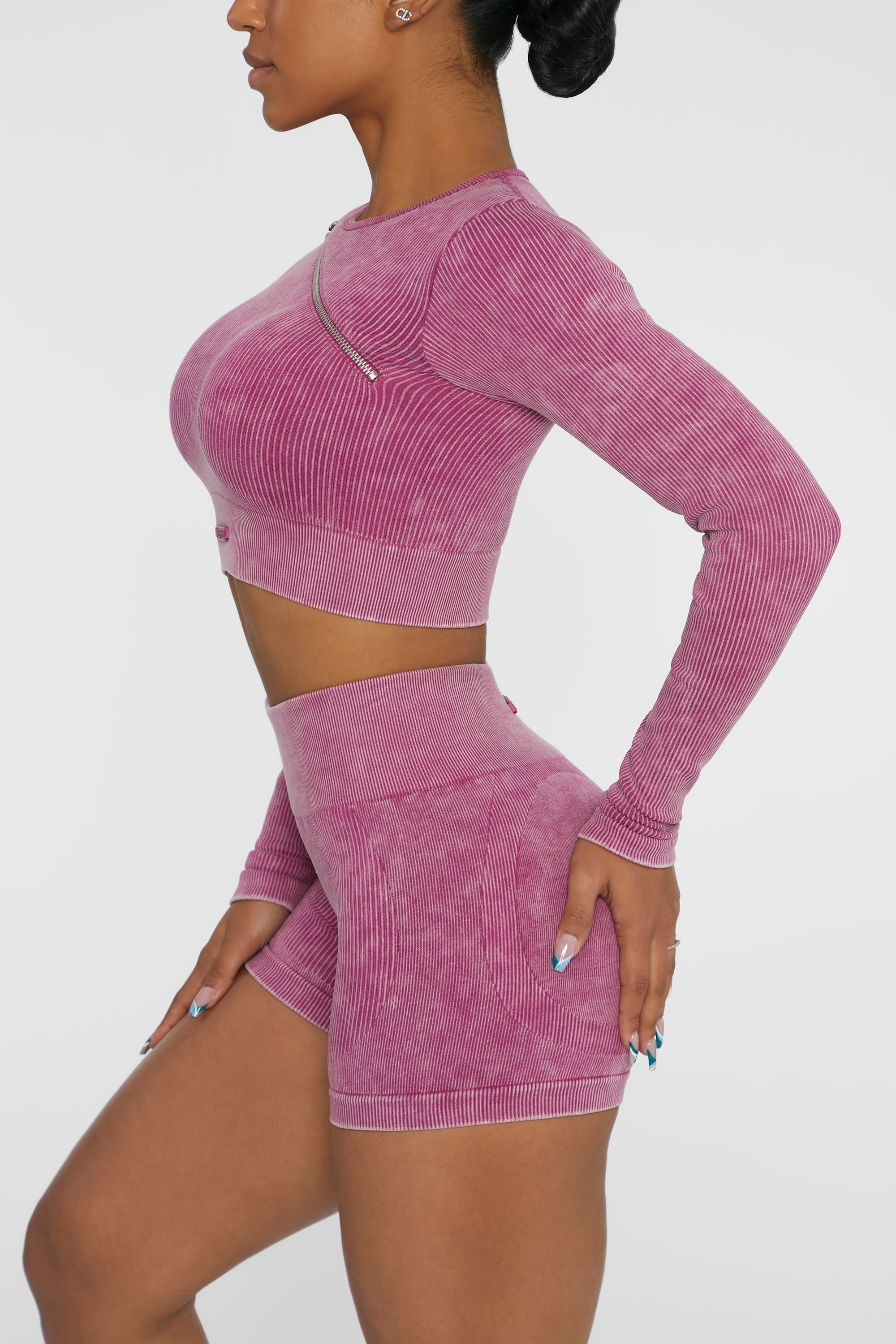 Long Sleeve High Neck Zip Crop Top in Dark Pink