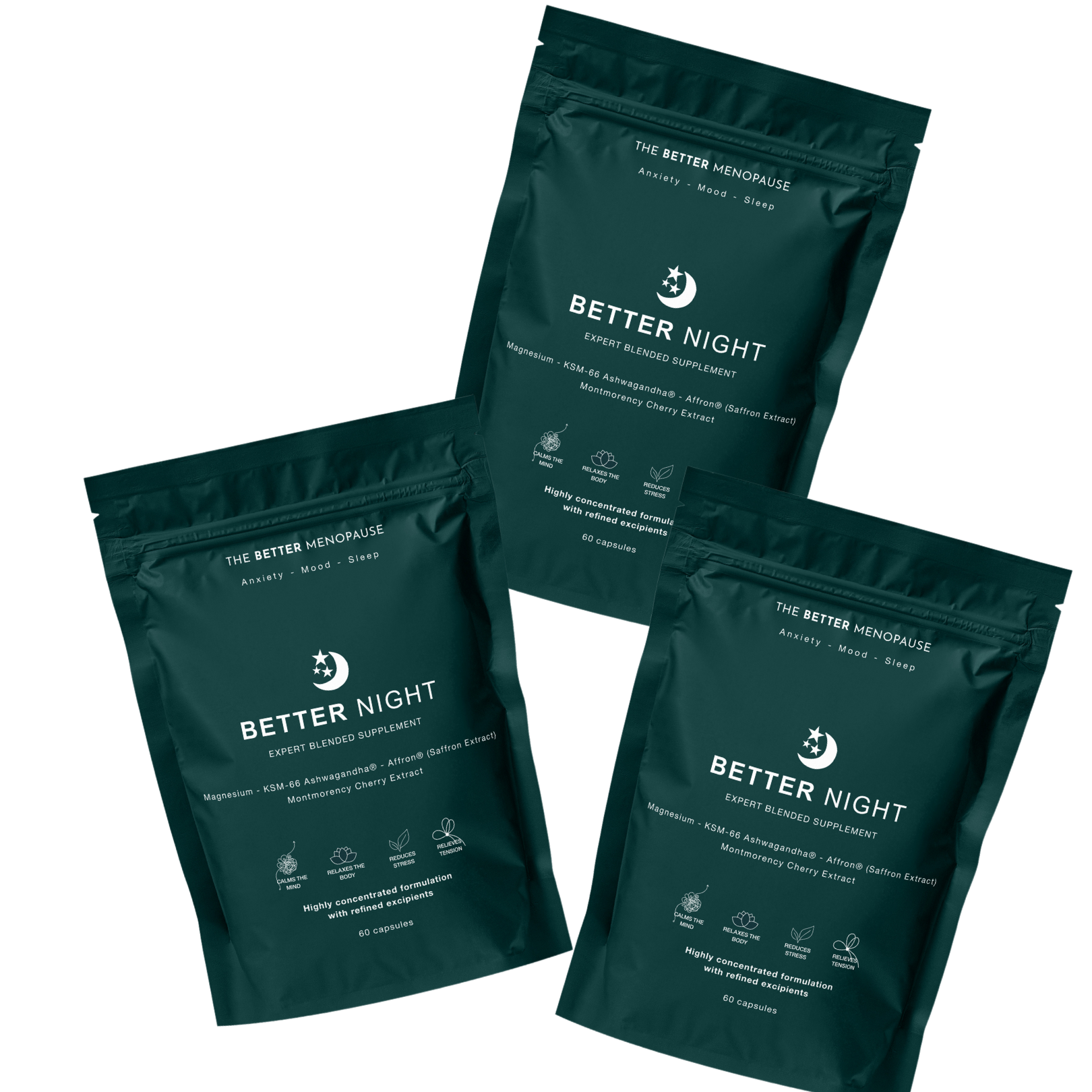 Three dark teal supplement pouches labeled 'BETTER NIGHT' with health benefit descriptions.