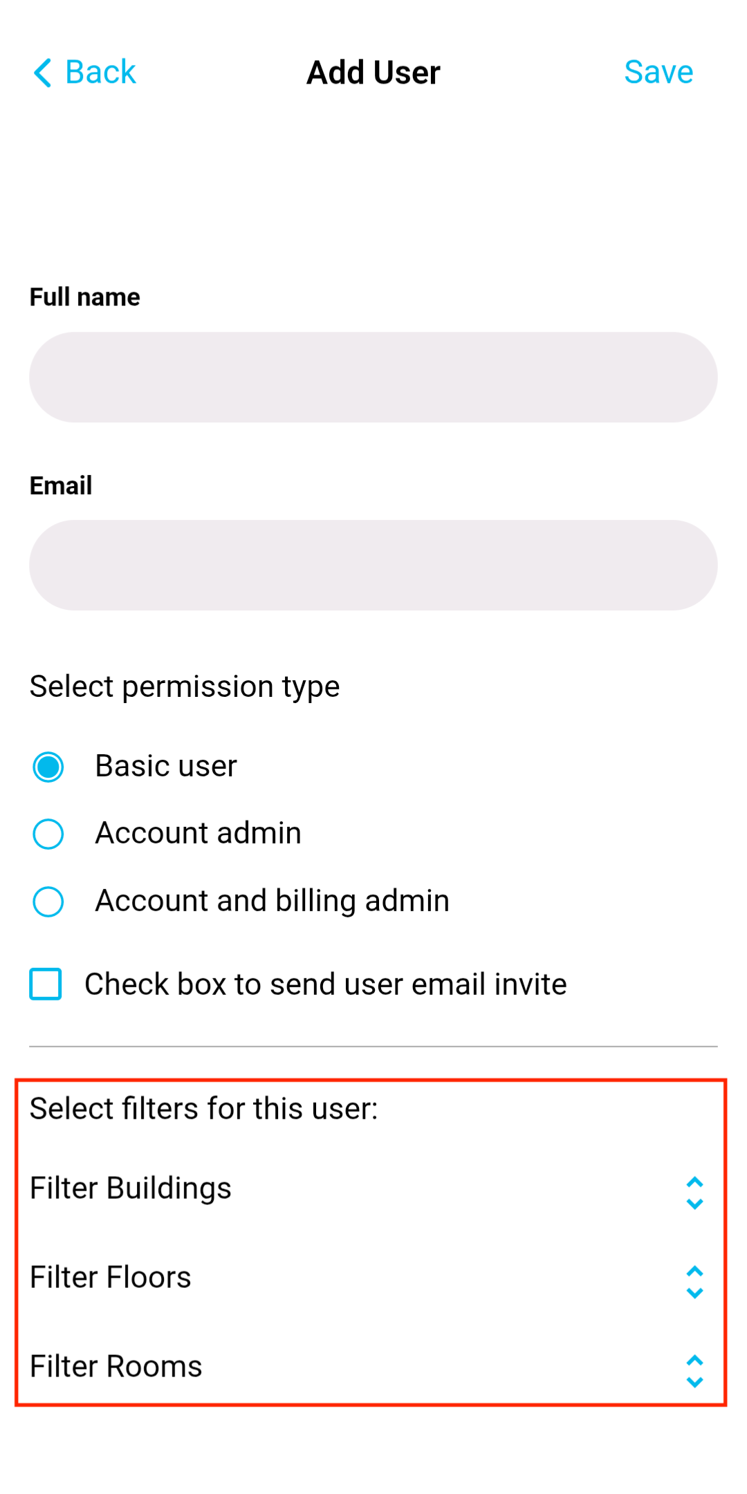 Add User Page - Fliter selection