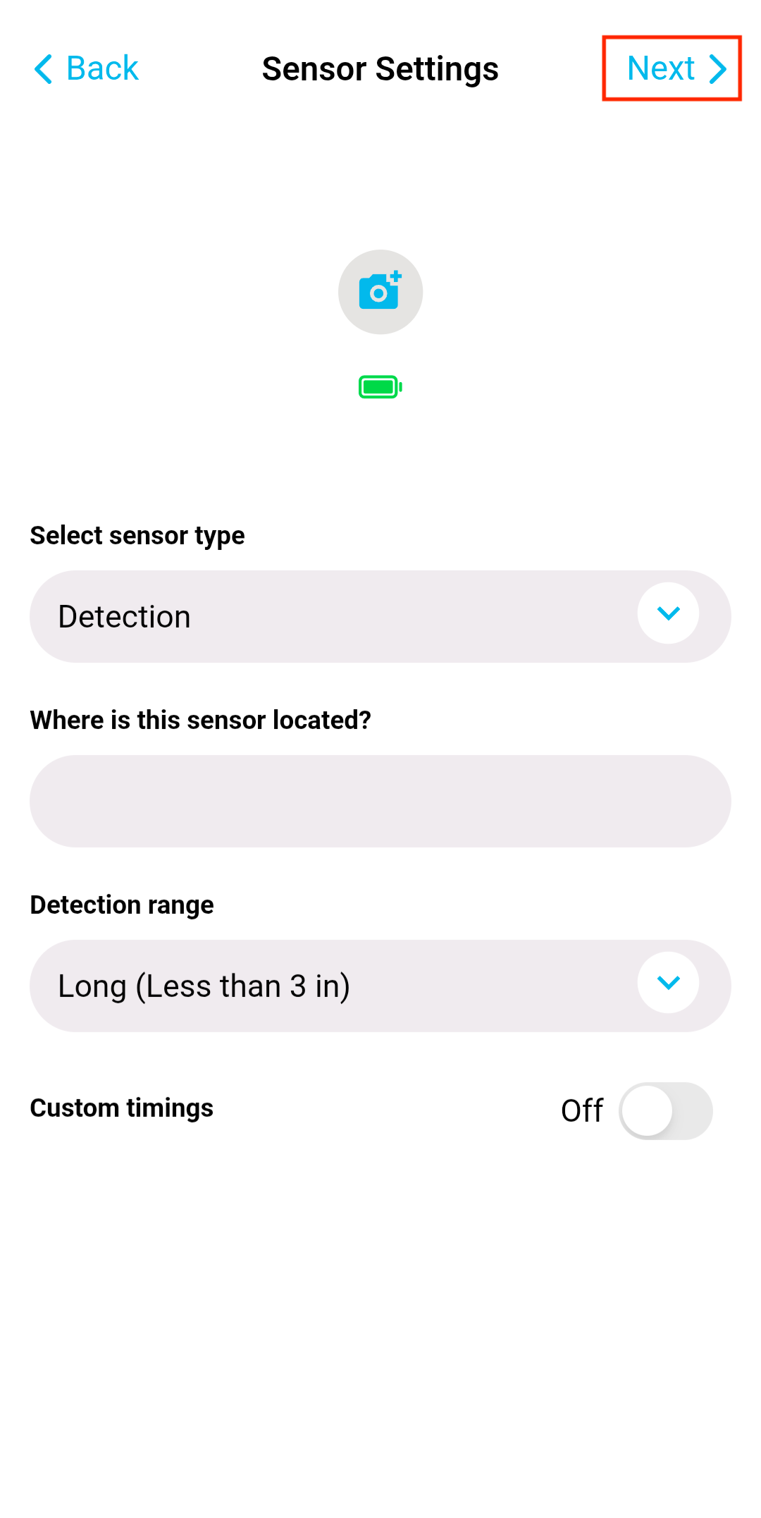 Detection Sensor Settings Page - Next Button