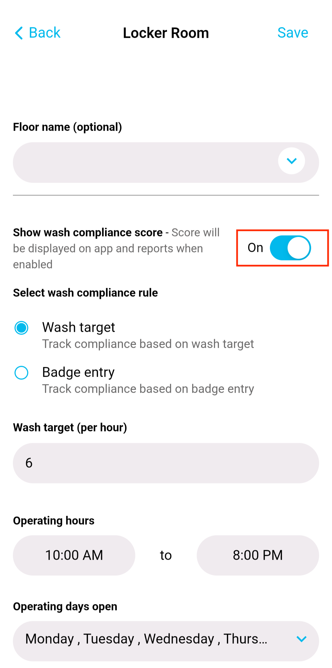 Rooms Settings page - Show wash compliance Toggle On