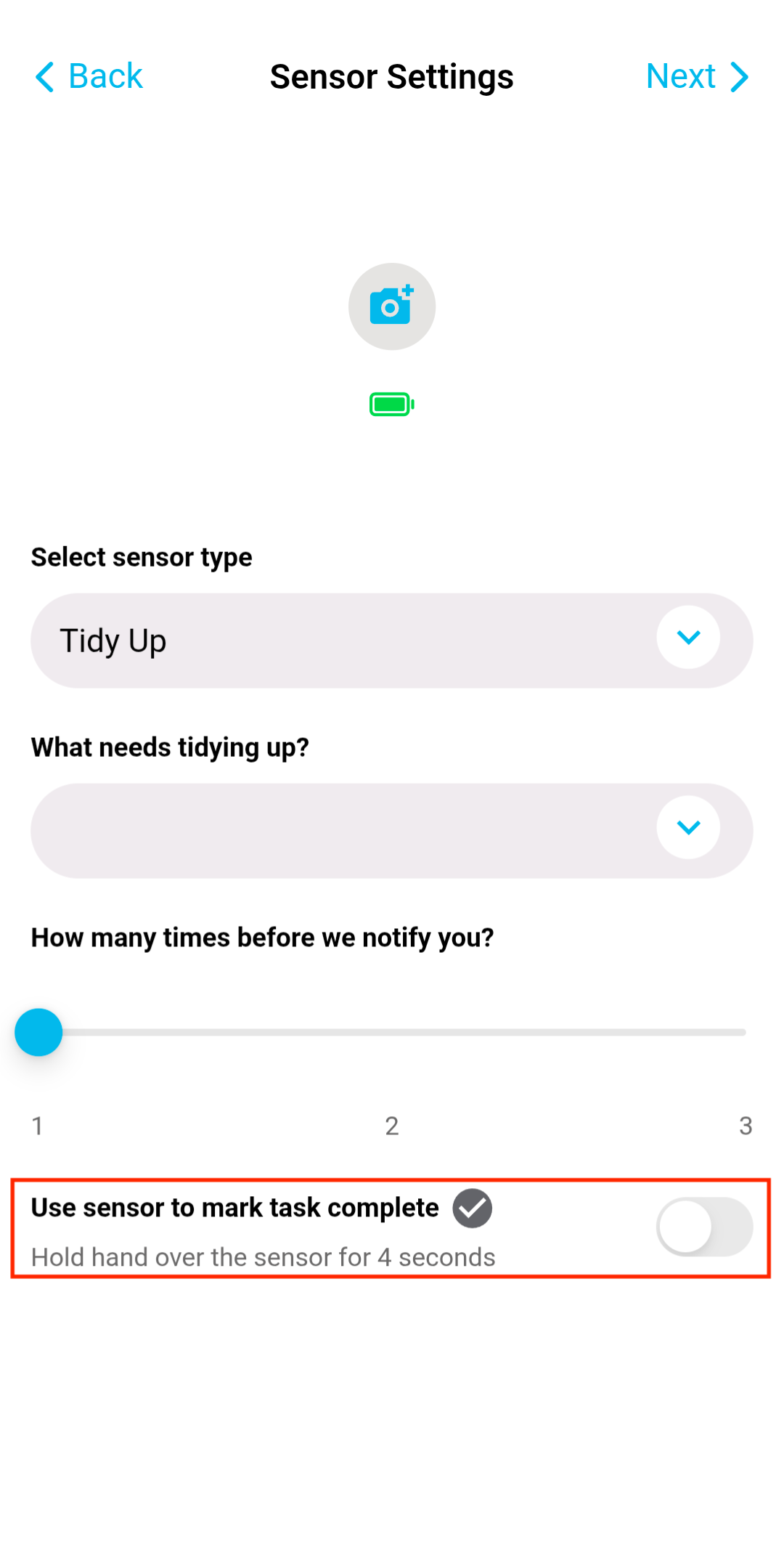 Tidy Up Sensor Settings Page - Task complete toggle - Off