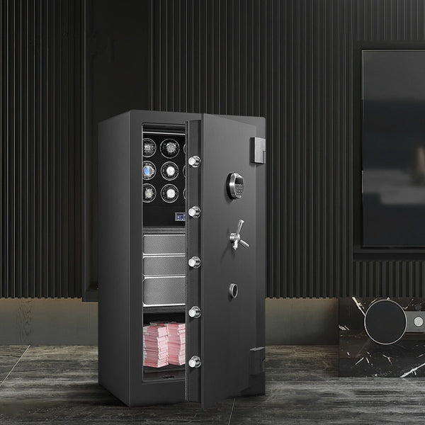 Luxury Titan watch winder safe from Time Spinners, featuring a sleek black finish and multiple watch capacity, ideal for securely winding and protecting high-end timepieces.