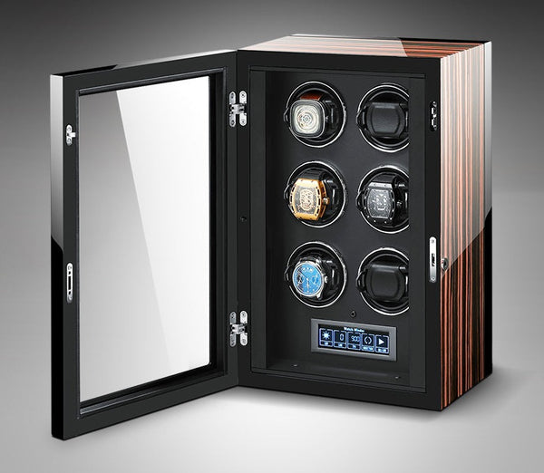 Time Spinners - Opulent - Remote Controlled Luxury Watch Winder. High-end watch winder that combines the finest quality materials, modern technology and craftsmanship. Energy efficient, Smart technology, independent Japanese Mabuchi rotors, Precision ultra-quiet motor, Overwinding protection, Automatic sleep mode