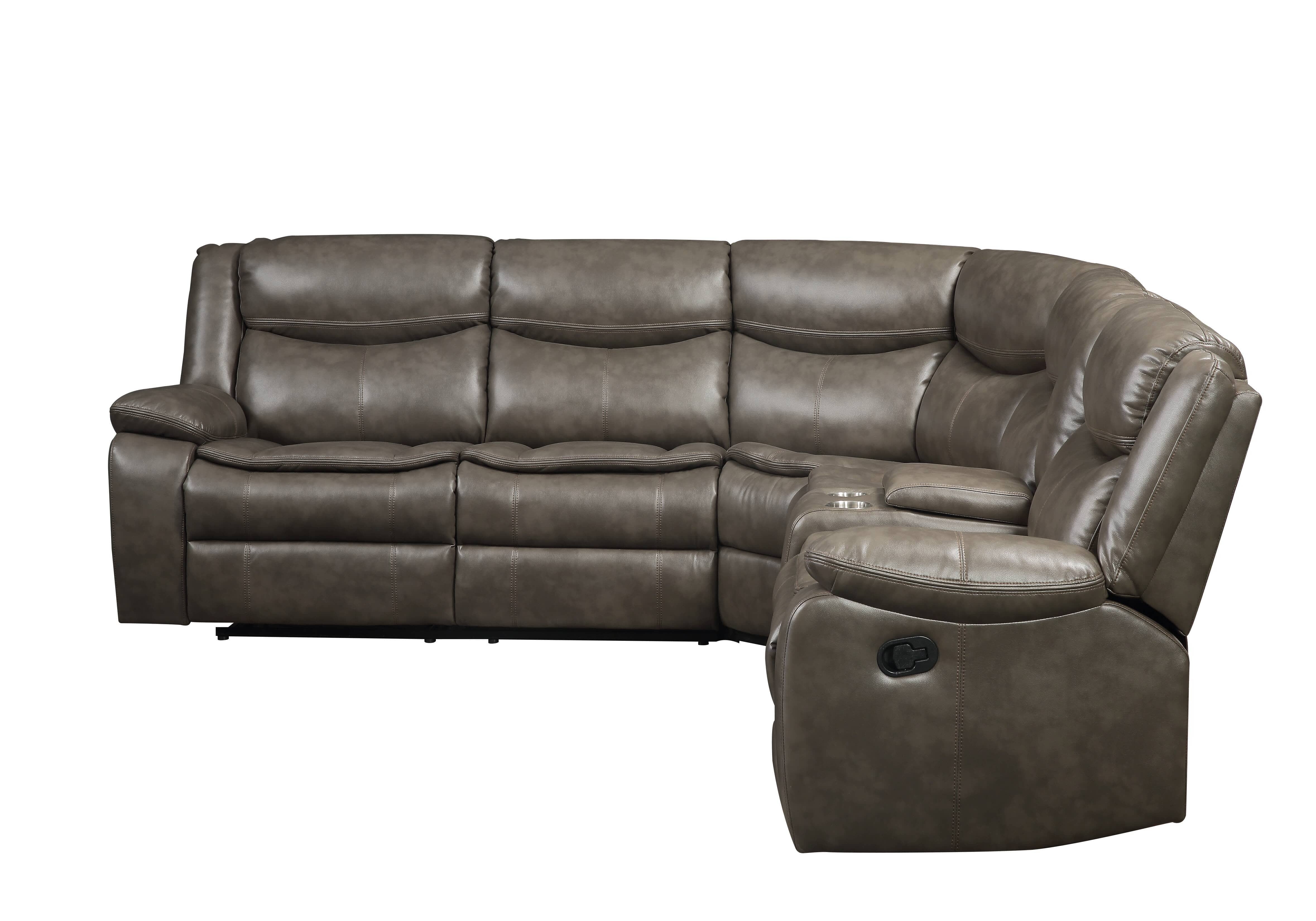 Homeroots Taupe Leather Match Reclining Curved Three Piece Corner Sectional