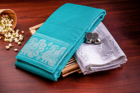 blue and white colour cotton silk indian saree