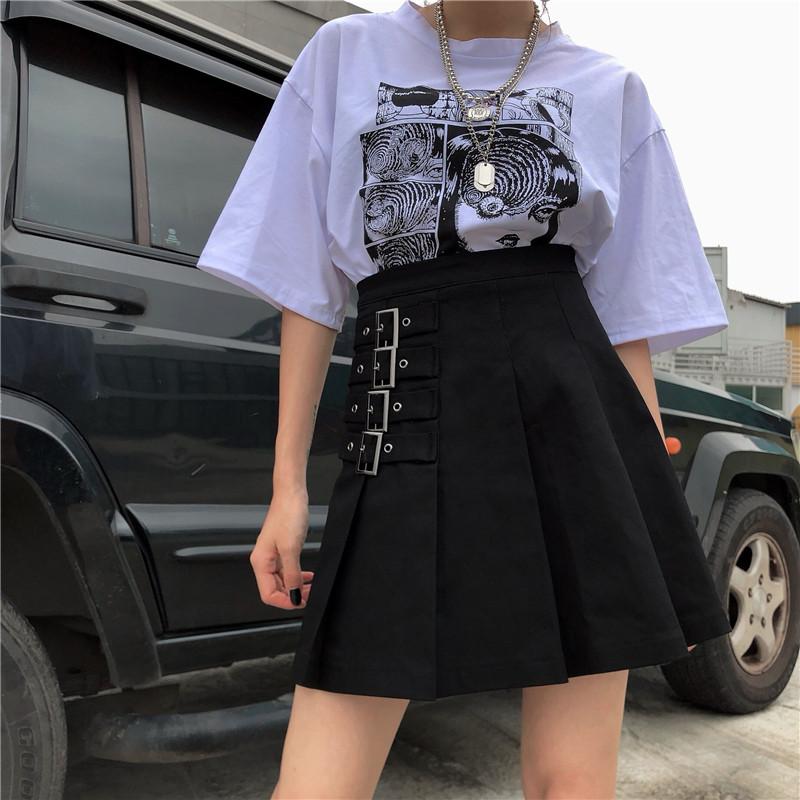 Korean Summer Autumn Black Grunge Pleated 4 Strap High Waist Skirt ...