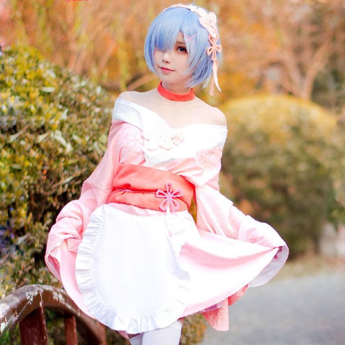 Re:Zero Japanese Anime Rem Cherry Blossom Maid Kimono Dress Cosplay