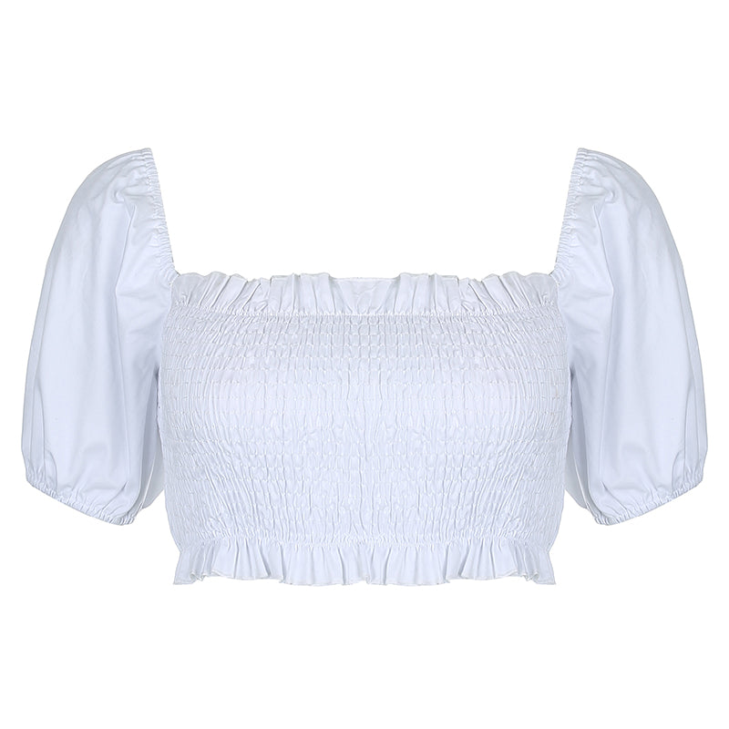 Korean Summer Puffy Ruffle White Crop Top SD00819 – SYNDROME - Cute ...