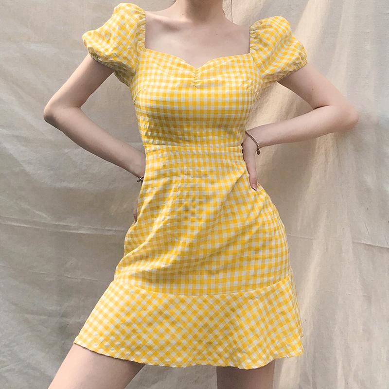 Korean Summer Retro 70s Plaid Yellow Dress SD00792 – SYNDROME - Cute ...