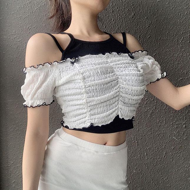 Korean Summer Retro Ruffle Crop Top SD00583 – SYNDROME - Cute Kawaii ...