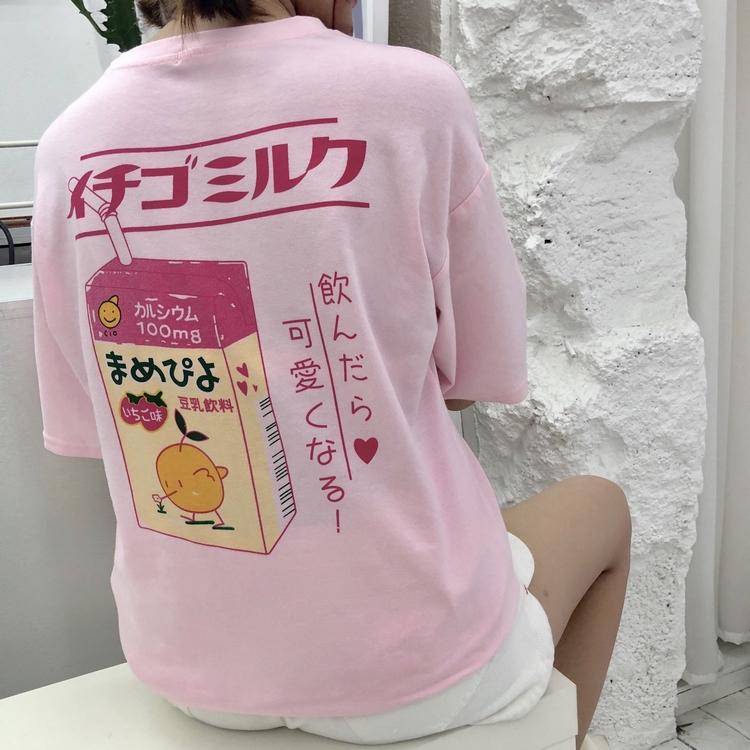 Harajuku Japanese Strawberry Pink Milk Drink Summer T-shirt SD01435 ...