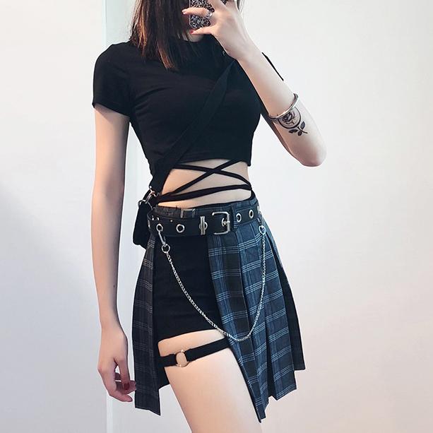 K-Pop Kpop Korean Black Pink Punk Plaid Skirt Black Short Belt Black T ...