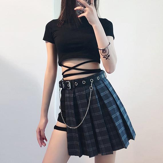 K-Pop Kpop Korean Black Pink Punk Plaid Skirt Black Short Belt SD00125 ...