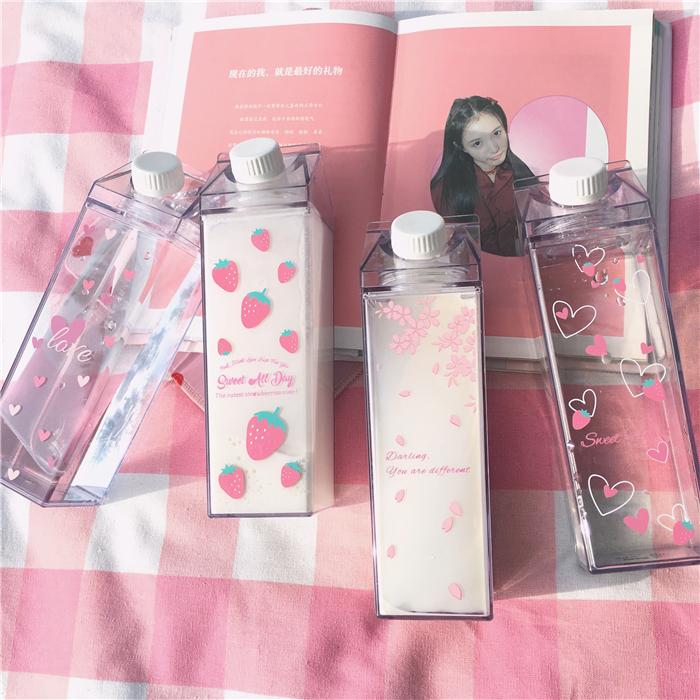 Japanese Harajuku Strawberry Hearts Sakura Blossom Drink Water Bottle