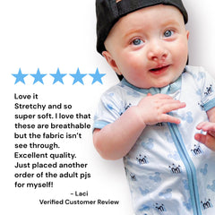 Imagine of a child with text that letters a 5 star review for the company. Child is wearing a blue shorty romper and smiling sweetly. The reviews glows positive feedback about Three Coastal Babies.