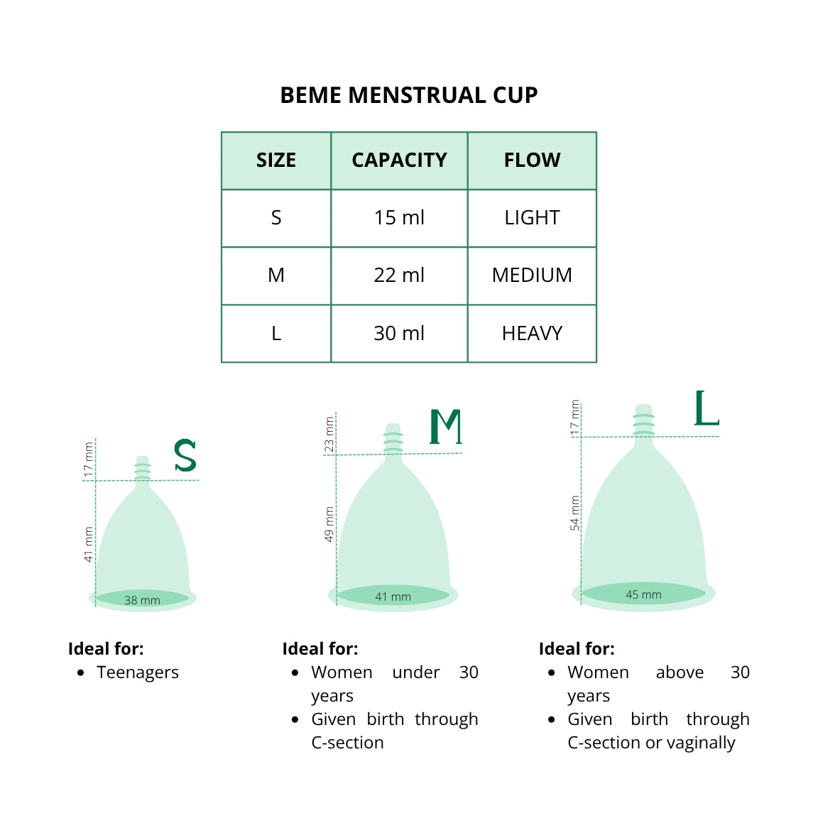 beme menstrual cup size