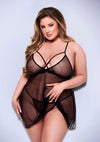 2 Pc Strappy Lace and Mesh Babydoll - Black - Queen - Set