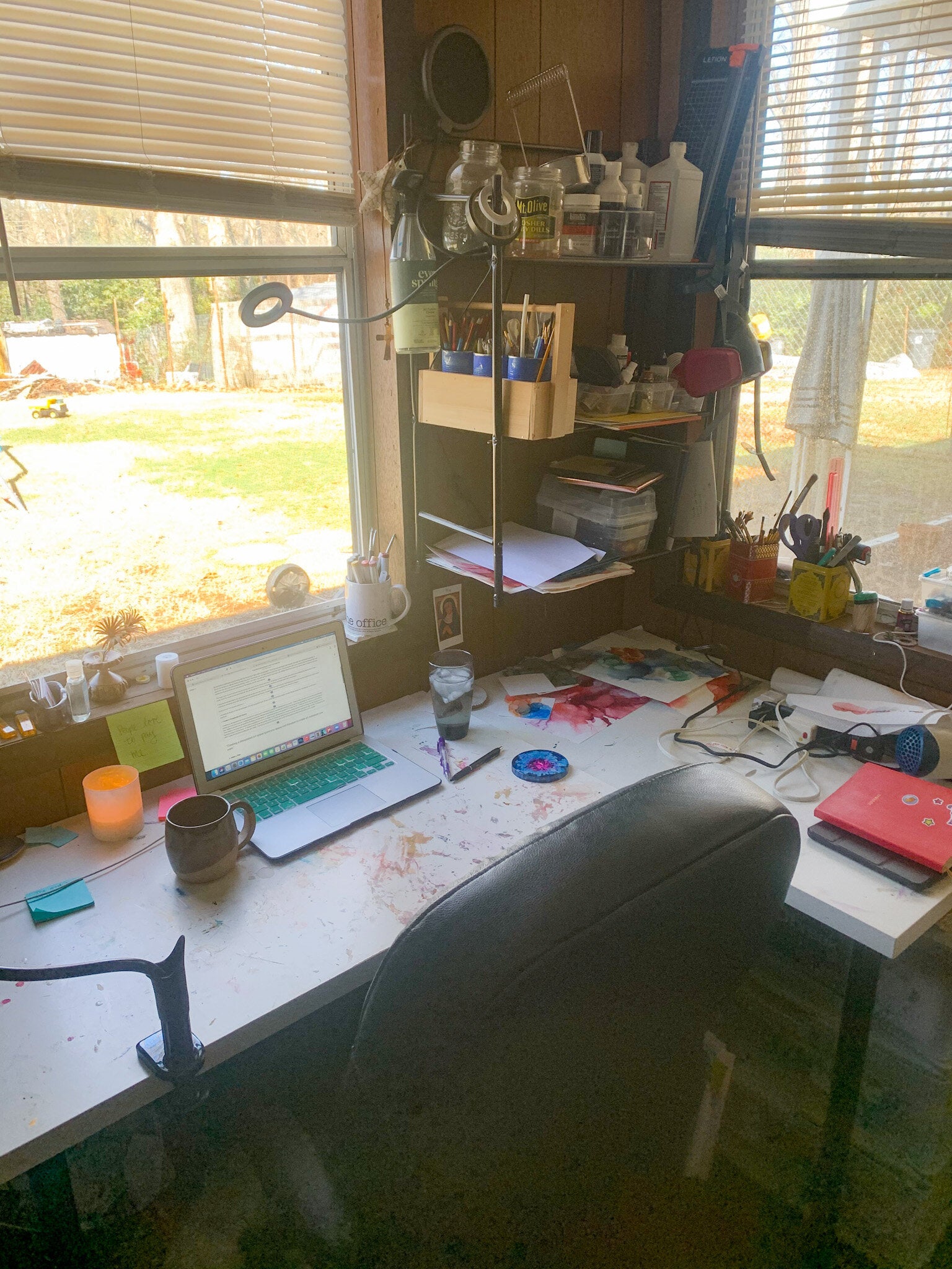 This is my current art space— a little messy, a little organized. Art is everywhere. So are supplies. Nothing fancy.