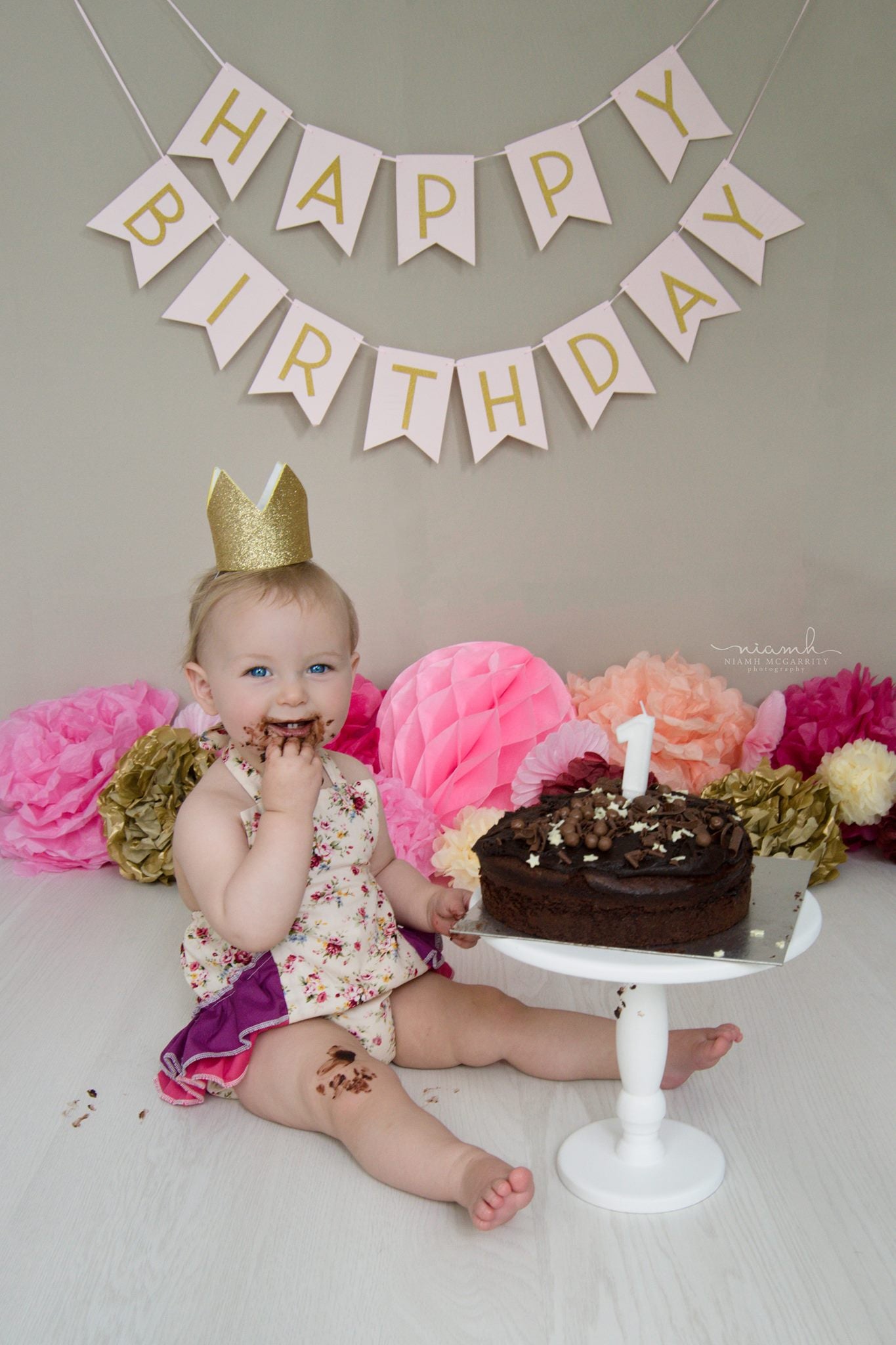 Girls Cake Smash Set - Flower Ruffle Romper and Crown age 12-18 months - CakeSmashProps