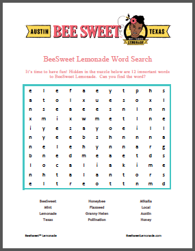 BEESWEET WORD SEARCH PUZZLE