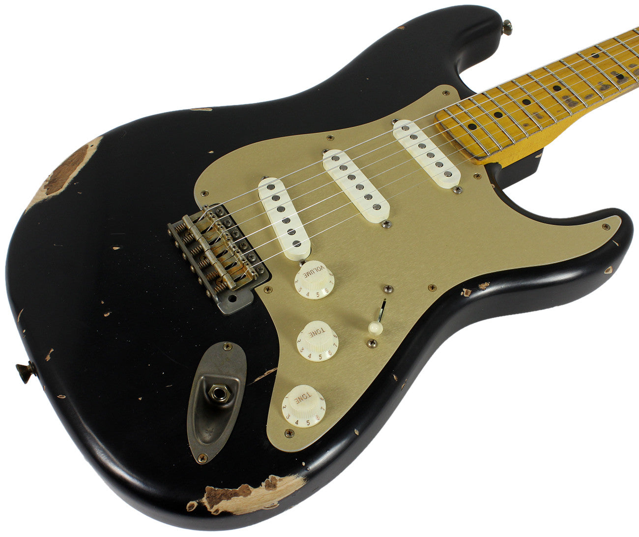 black strat with gold pickguard