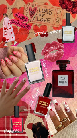 a collage of nail polish, art designed nails, and perfume for valentines galentines day