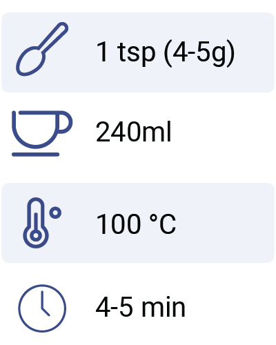 Zubereitungsvorschläge für Graudupes Twilight-Tee: Geben Sie 1 Teelöffel (≈4-5 Gramm) Twilight Premium-Naturfrüchte- und Beerentee in eine Teetasse (ca. 240 ml). Fügen Sie heißes Wasser mit einer Temperatur von 95–100 Grad hinzu. Lassen Sie es 4-5 Minuten ziehen, bevor Sie es genießen!