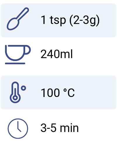 Suggestions d'infusion Graudupes Evening Lullaby : Ajoutez 1 cuillère à café (≈2-3 grammes) de tisane naturelle premium Evening Lullaby dans une tasse de thé (environ 240 ml). Ajouter de l'eau chaude à une température de 95-100 degrés Celsius. Laisser agir 4-5 minutes avant de déguster