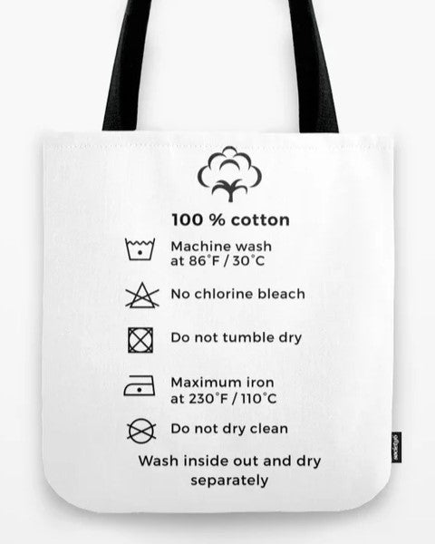 Graudupes cotton tote bag washing label care instructions: Machine wash cold, gentle cycle. Do not bleach. Line dry. Iron low.