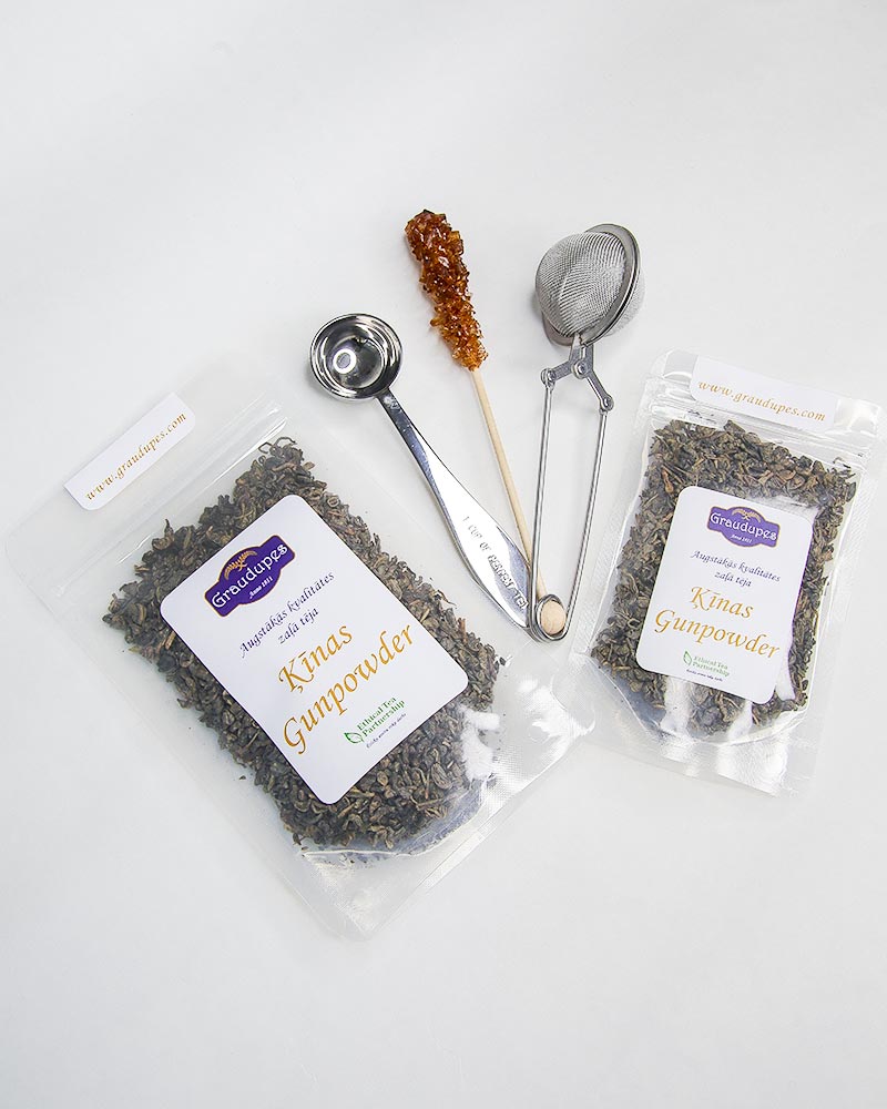 Gun Powder Green Tea packed tea with accessories: stainless steel tea mesh strainer, tea spoon measurement, sugar crystal stick. English Breakfast Tea, Graudupes Gunpowder tea Classic, premium loose leaf green tea.