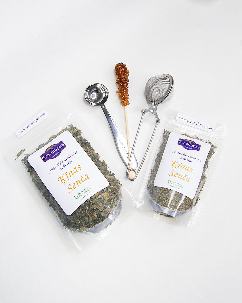 China Sencha Green Tea, packed tea with accessories: stainless steel tea mesh strainer, tea spoon measurement, sugar crystal stick. English Breakfast Tea, Graudupes Sencha tea Classic, premium loose leaf green tea.