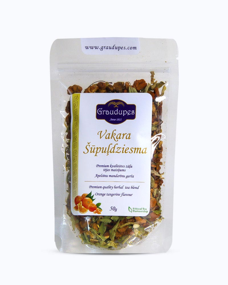 Packed tea in transparent doypack, front side. Evening Lullaby - Graudupes Natural Herbal Tea Blend, Loose leaf tea with Verbena, Tulsi, Valerian, Lady's Mantle and Orange. Calming Herbal Mix.